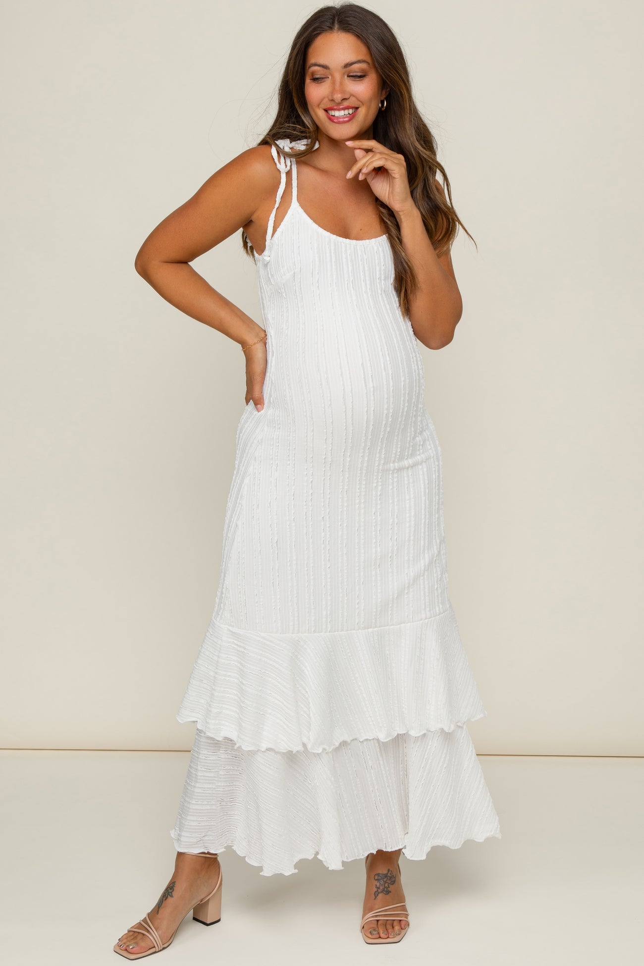 White Textured Shoulder Tie Layered Hem Maternity Maxi Dress