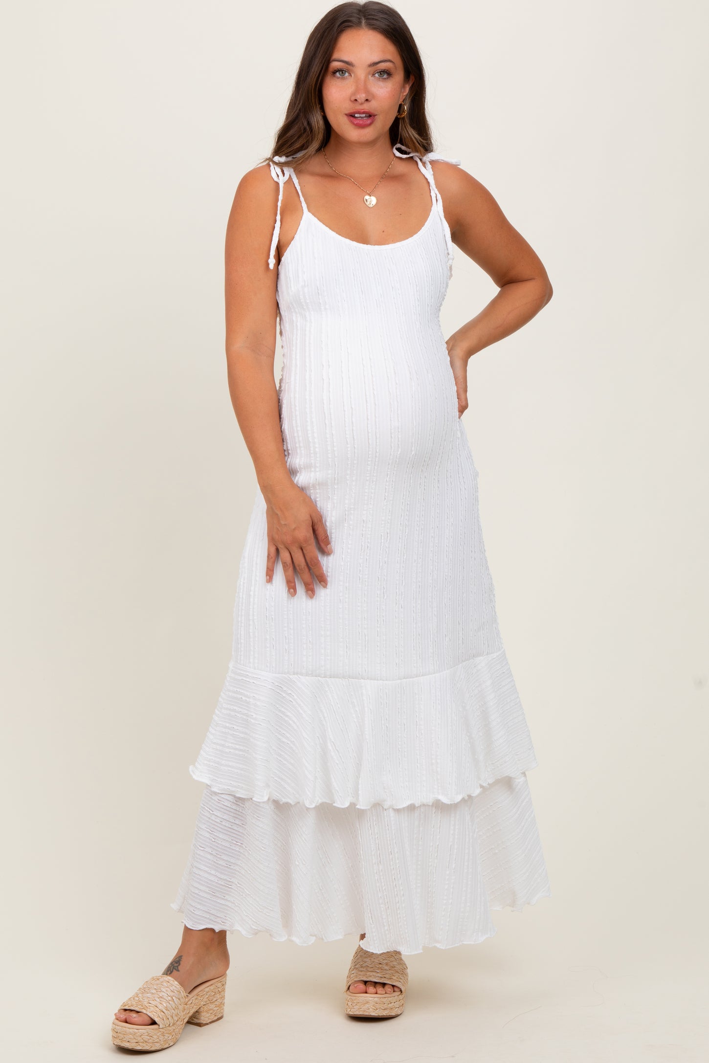 White Textured Shoulder Tie Layered Hem Maternity Maxi Dress