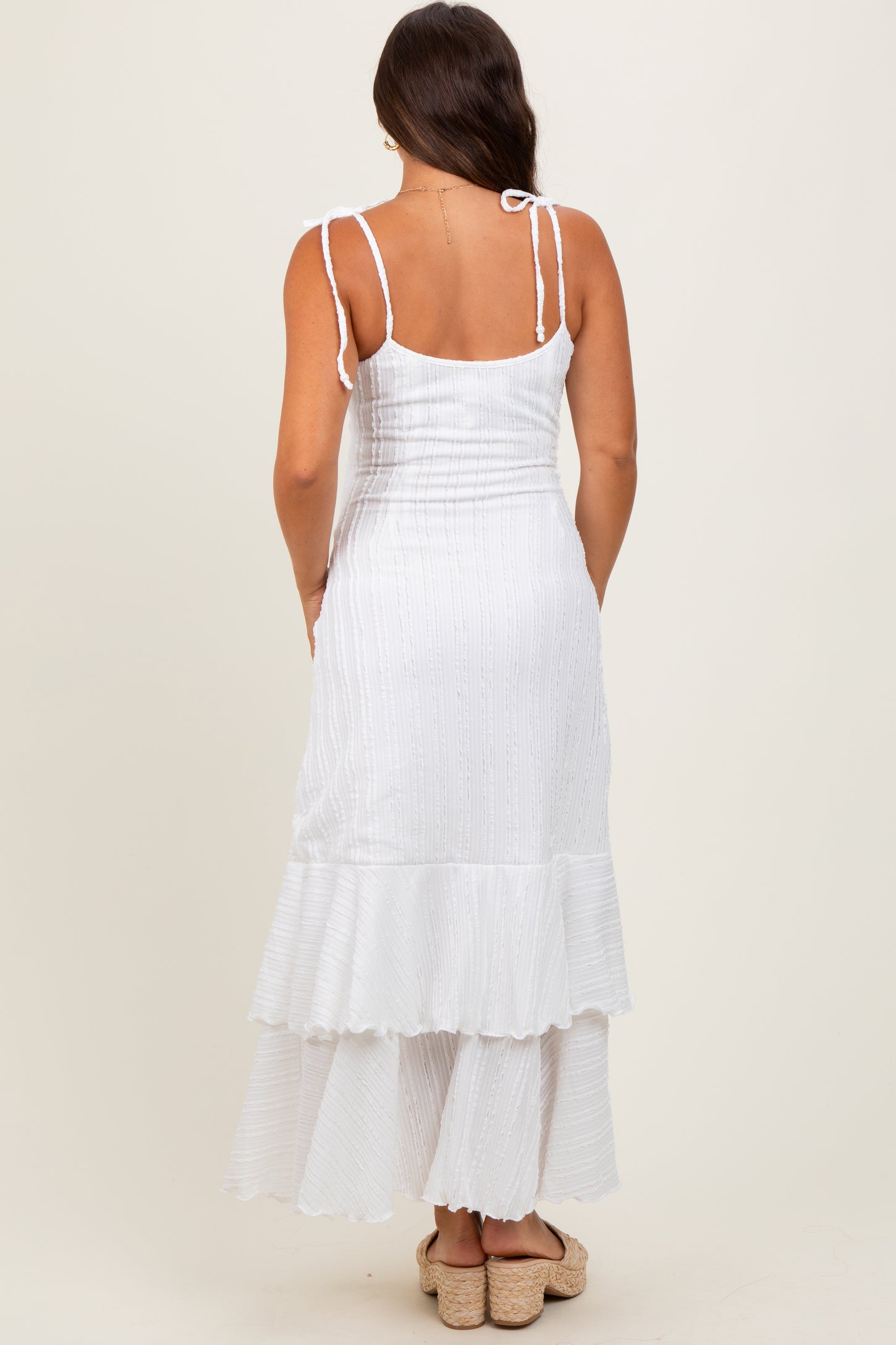 White Textured Shoulder Tie Layered Hem Maternity Maxi Dress