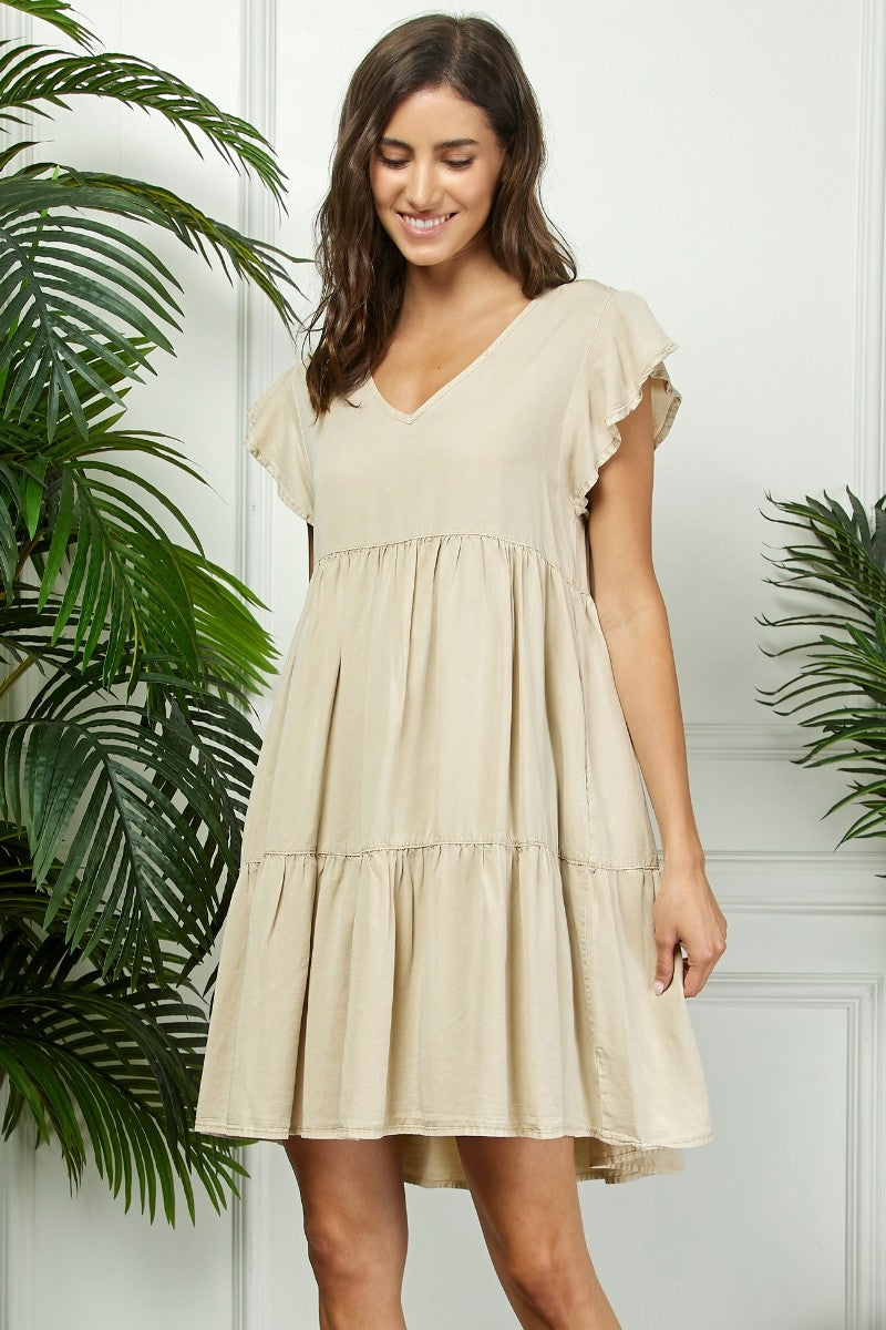 Beige Flutter Sleeve Tiered Dress