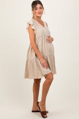 Beige Flutter Sleeve Tiered Maternity Dress