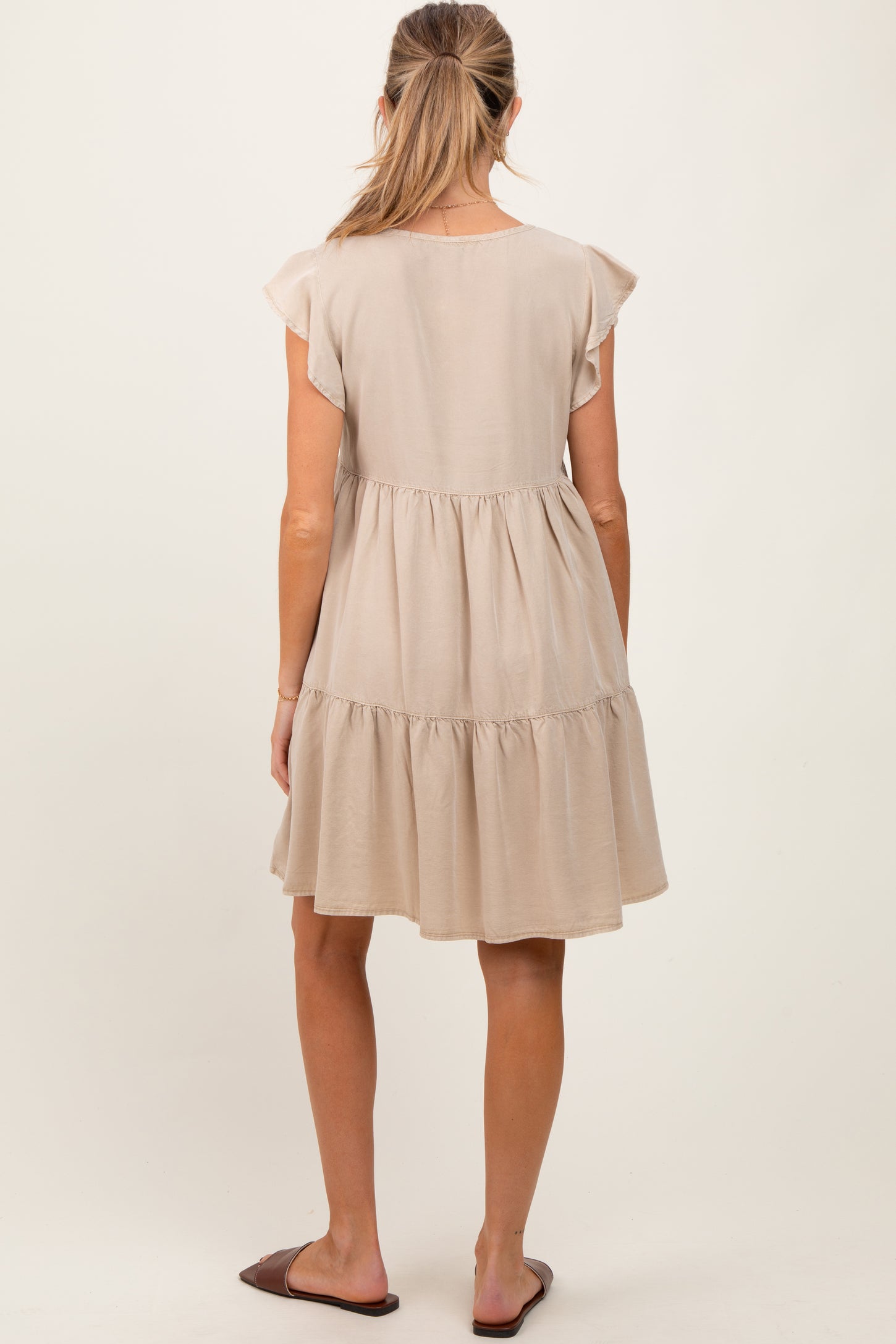 Beige Flutter Sleeve Tiered Maternity Dress