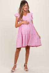 Light Pink Flutter Sleeve Tiered Maternity Dress