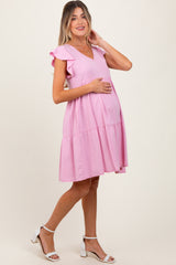 Light Pink Flutter Sleeve Tiered Maternity Dress