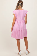 Light Pink Flutter Sleeve Tiered Maternity Dress