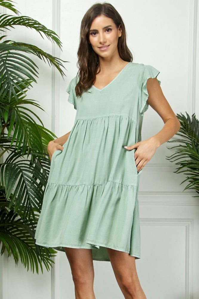 Light Olive Flutter Sleeve Tiered Maternity Dress