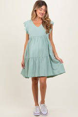 Light Olive Flutter Sleeve Tiered Maternity Dress