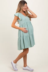Light Olive Flutter Sleeve Tiered Maternity Dress