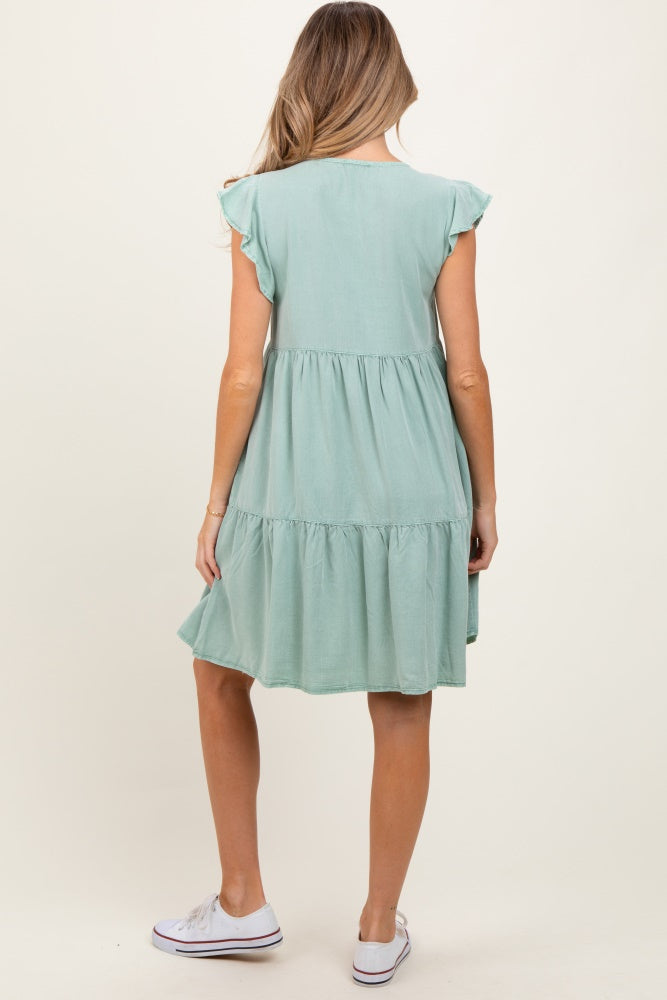 Light Olive Flutter Sleeve Tiered Maternity Dress