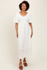 Cream Smocked V-Neck Short Puff Sleeve Textured Midi Dress