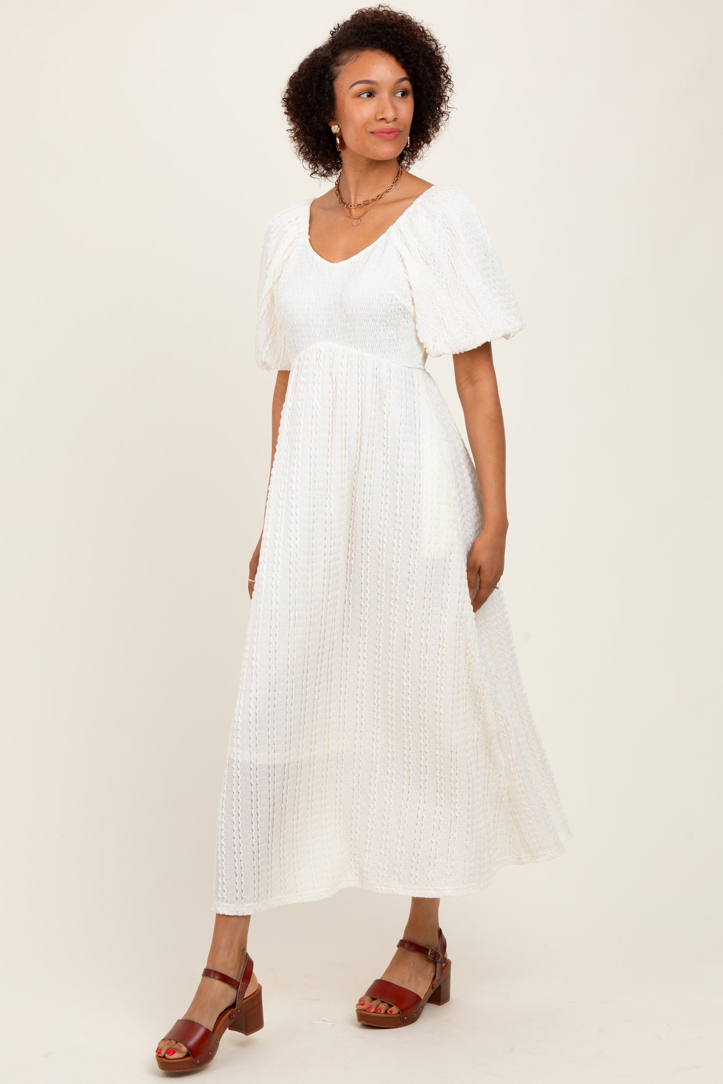 Cream Smocked V-Neck Short Puff Sleeve Textured Midi Dress