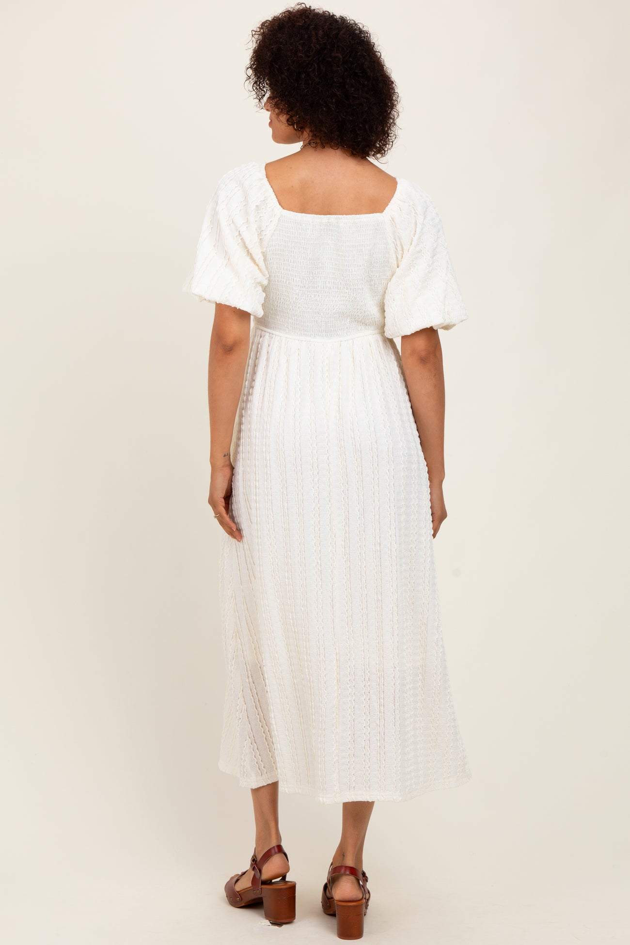 Cream Smocked V-Neck Short Puff Sleeve Textured Midi Dress