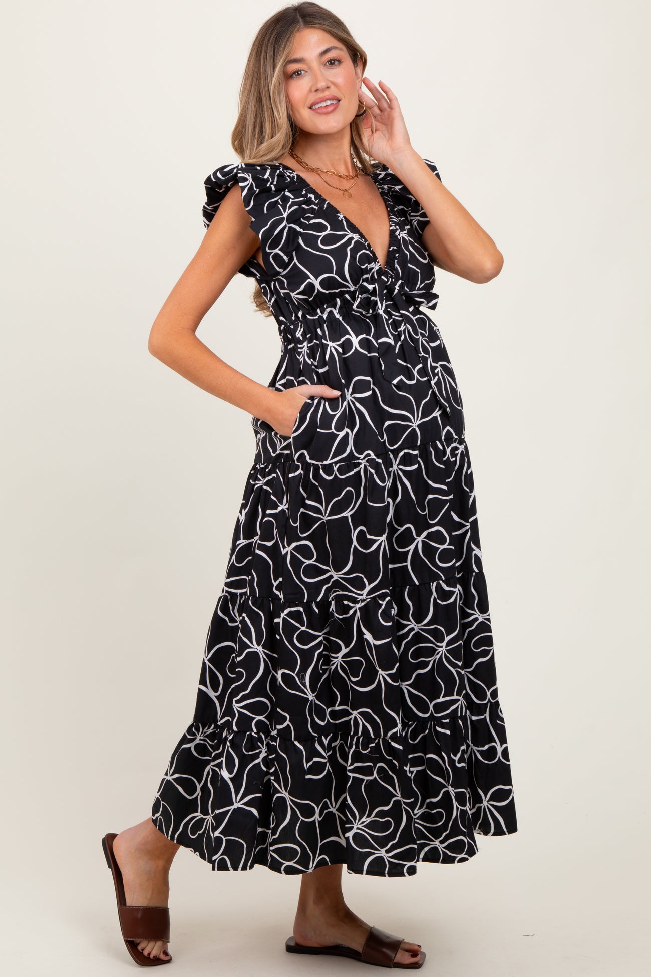 Black Bow Print Ruffle Hem Maternity Midi Dress
