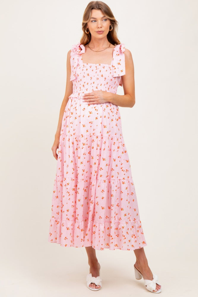 Light Pink Floral Striped Smocked Shoulder Tie Maternity Maxi Dress