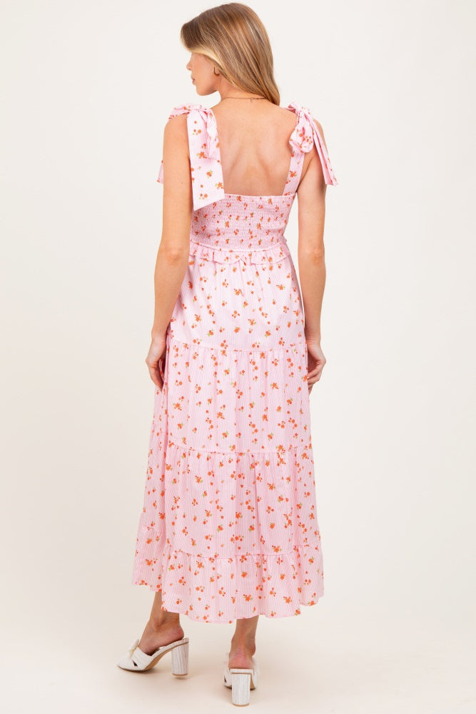 Light Pink Floral Striped Smocked Shoulder Tie Maternity Maxi Dress