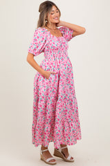Pink Rose Print Ruffle Trim Puff Sleeve Maternity Maxi Dress