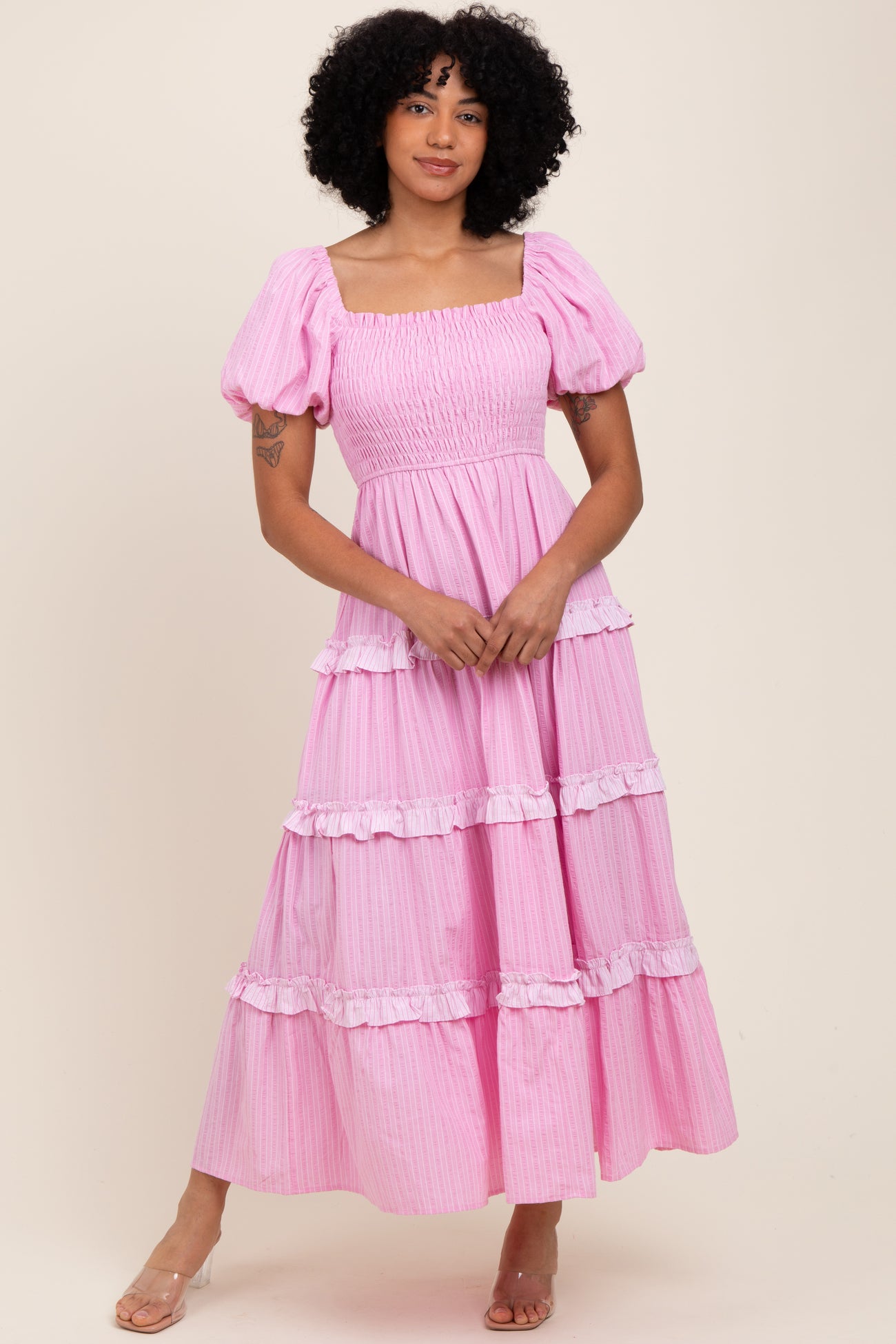 Pink Smocked Ruffle Tiered Puff Sleeve Maternity Maxi Dress