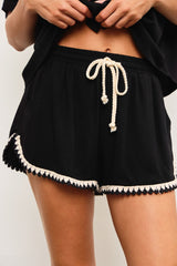 Black Linen Blend Crochet Trim Drawstring Shorts