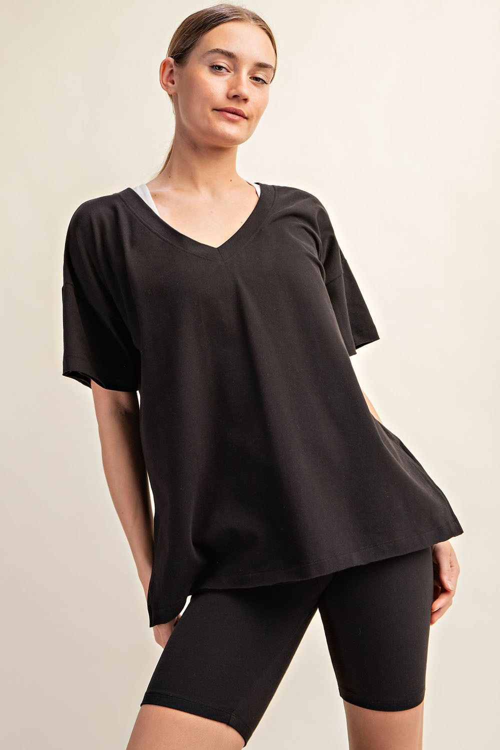 Black Oversized V-Neck Side Slit Tee