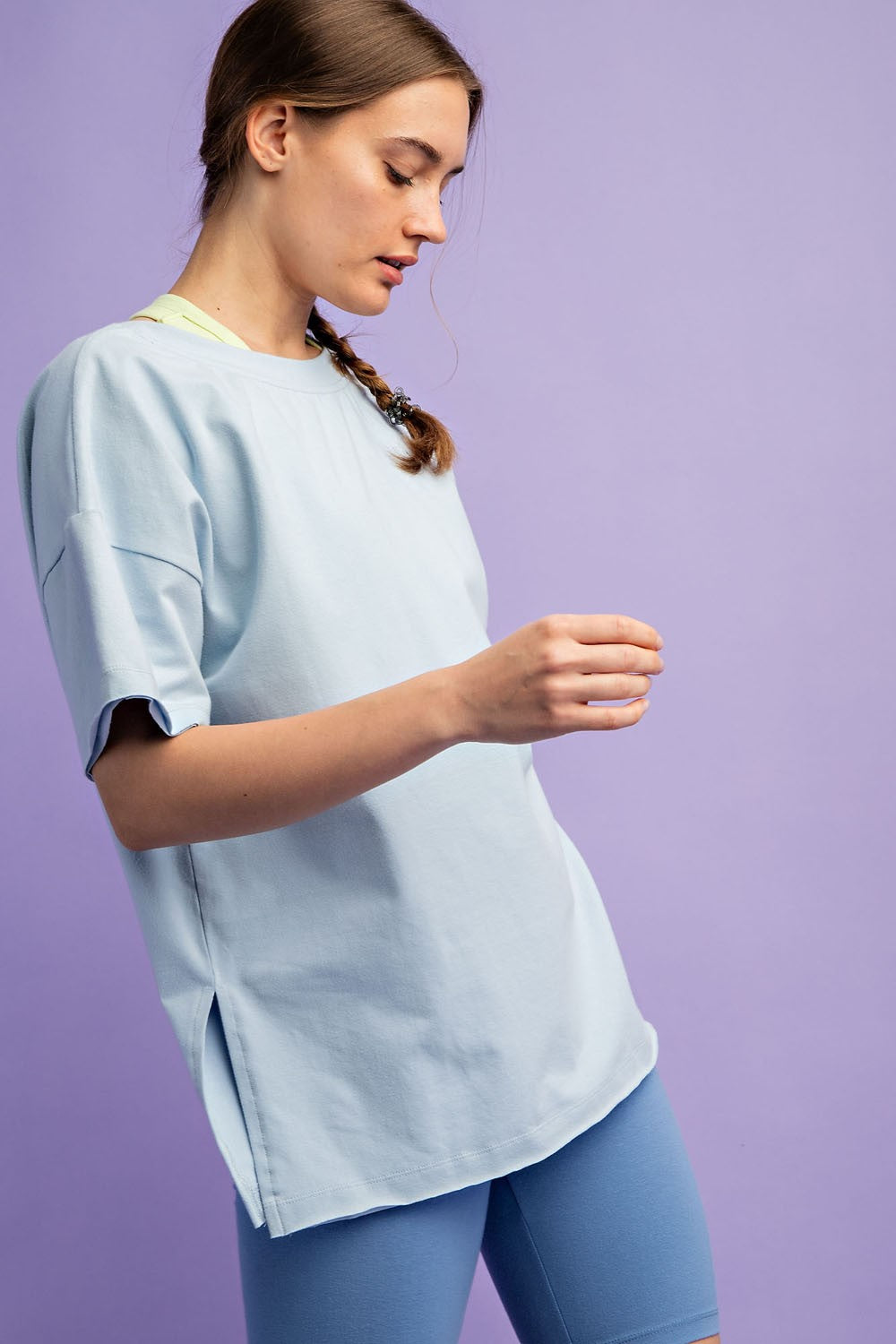 Light Blue Oversized V-Neck Side Slit Tee