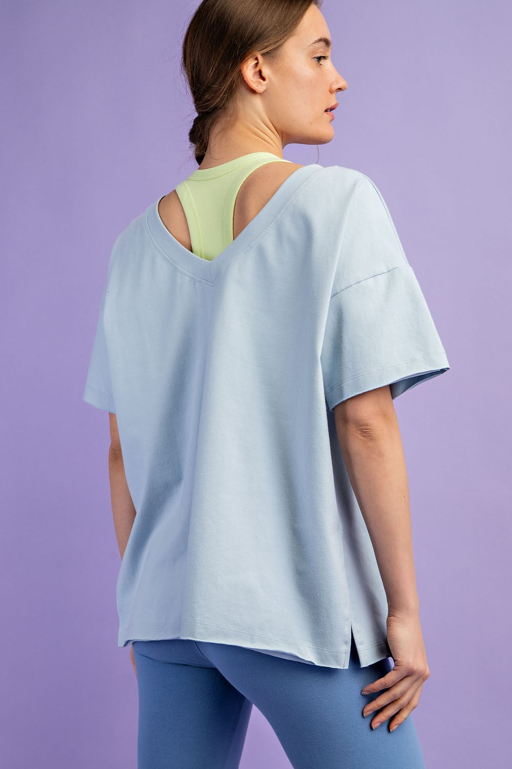 Light Blue Oversized V-Neck Side Slit Tee