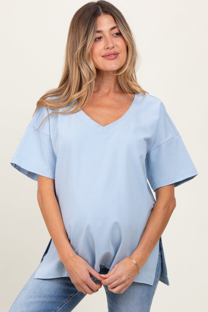 Light Blue Oversized V-Neck Side Slit Maternity Tee