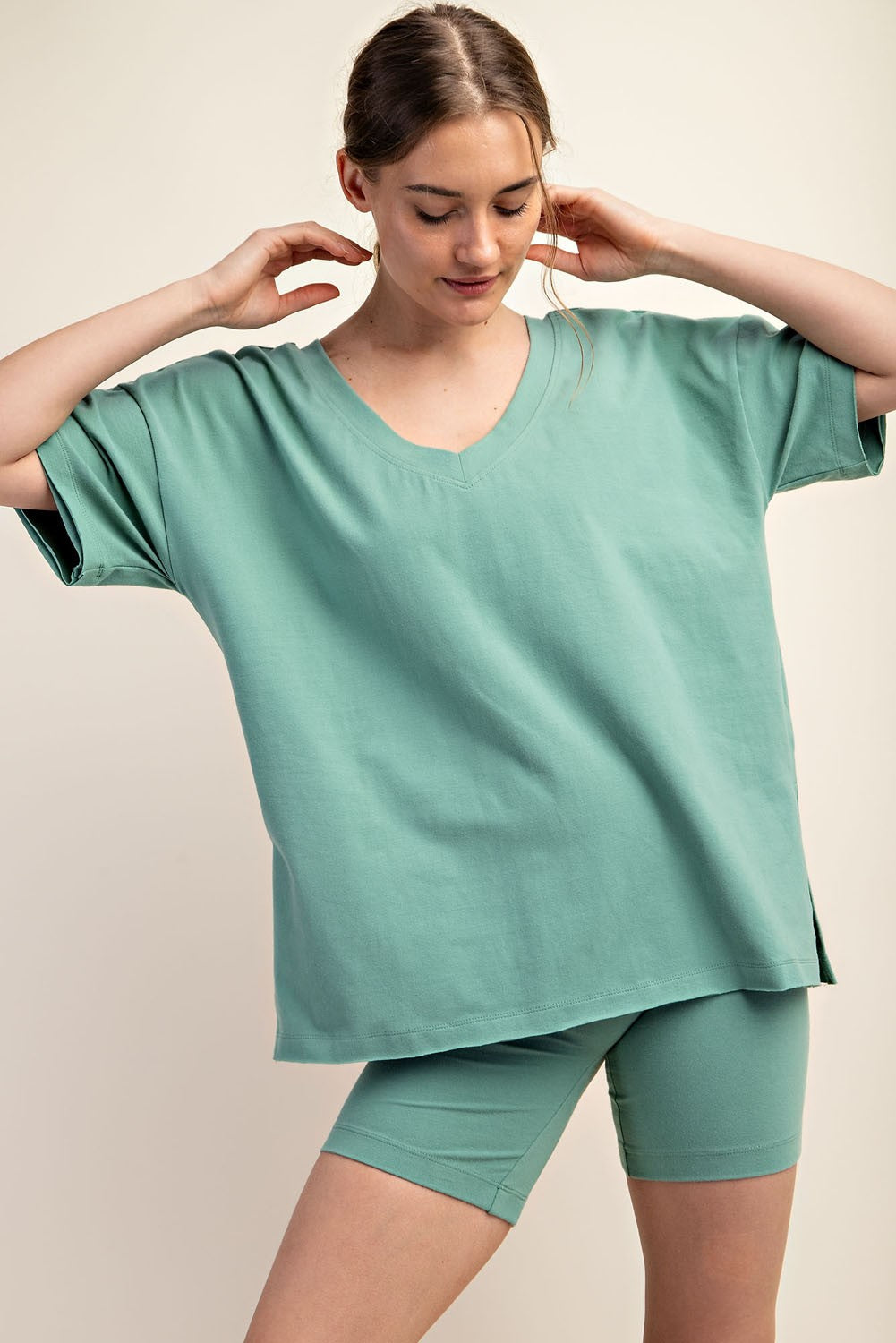Light Olive Oversized V-Neck Side Slit Maternity Tee