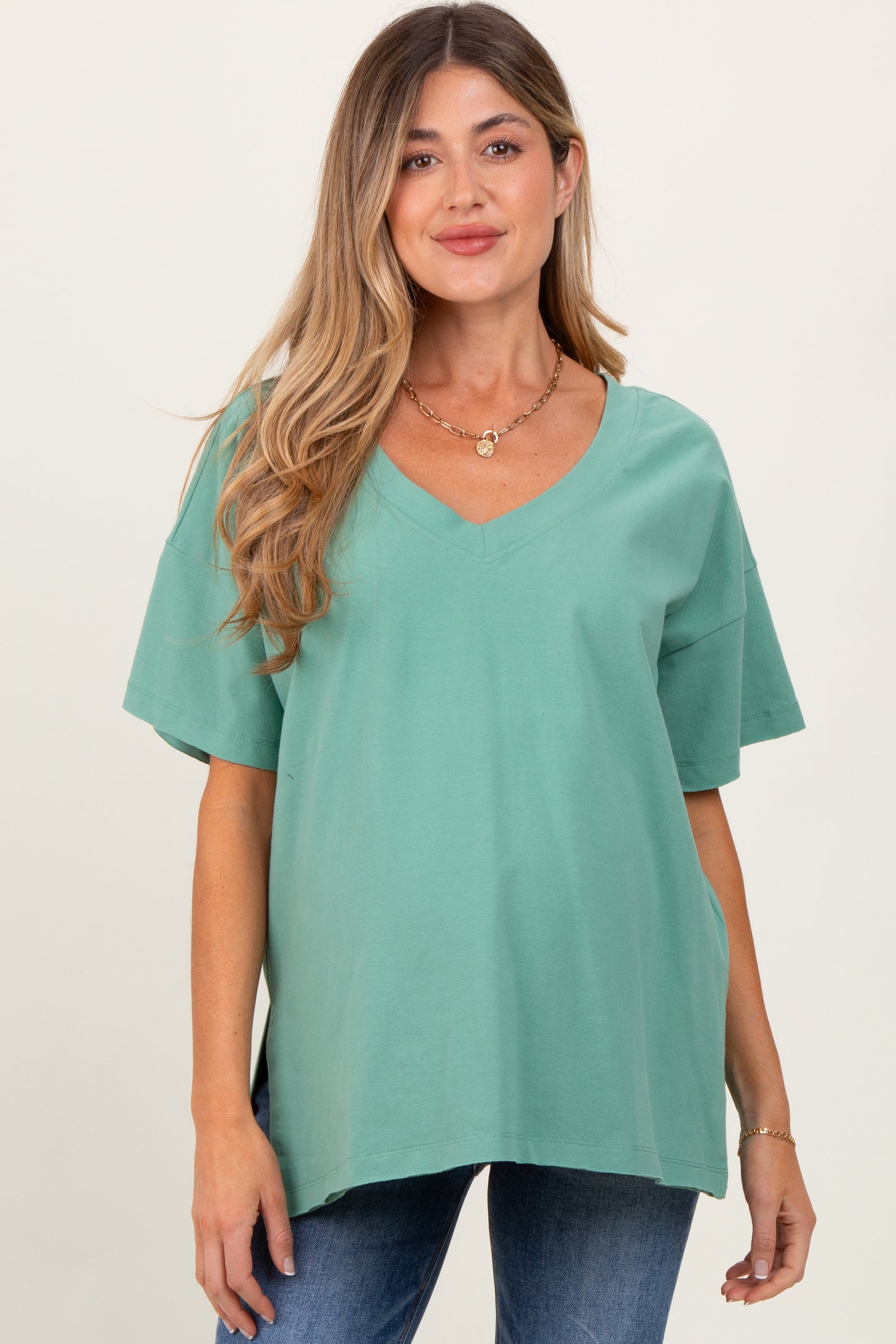 Light Olive Oversized V-Neck Side Slit Maternity Tee