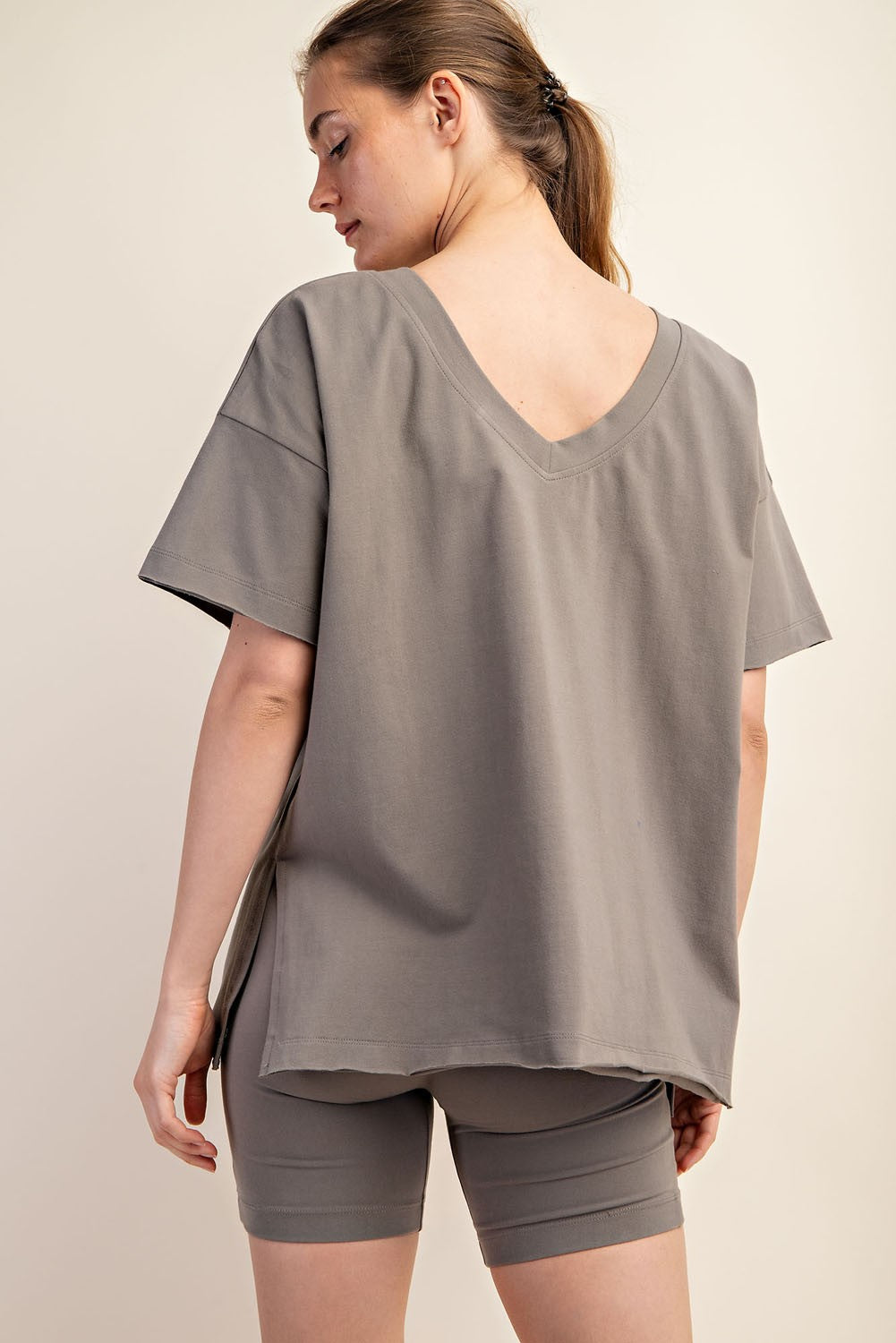 Olive Oversized V-Neck Side Slit Tee