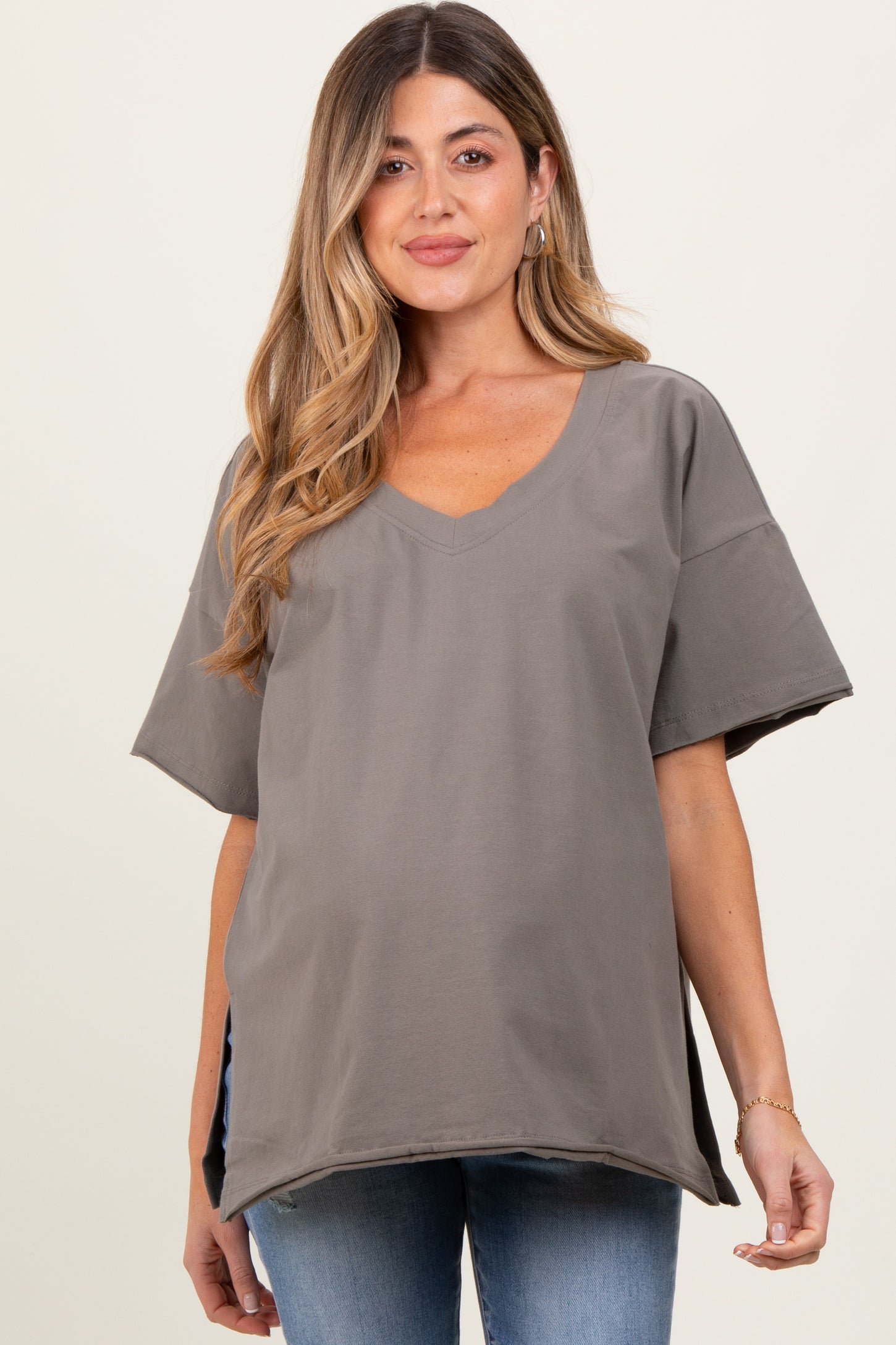 Olive Oversized V-Neck Side Slit Maternity Tee