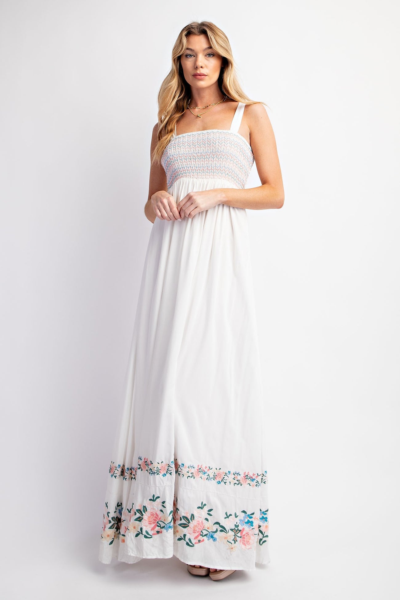 White Smocked Embroidered Floral Border Maxi Dress