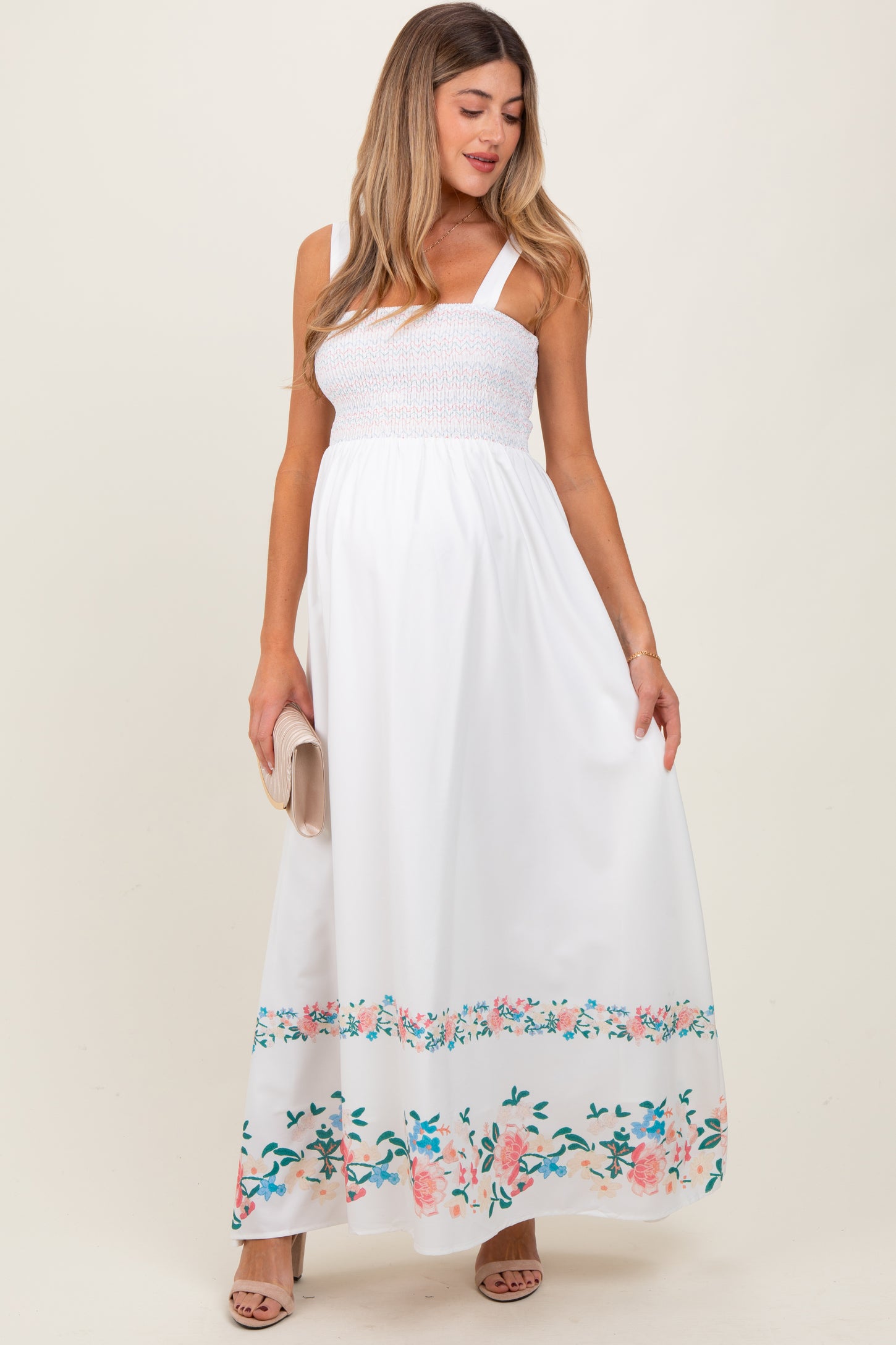 White Smocked Embroidered Floral Border Maternity Maxi Dress