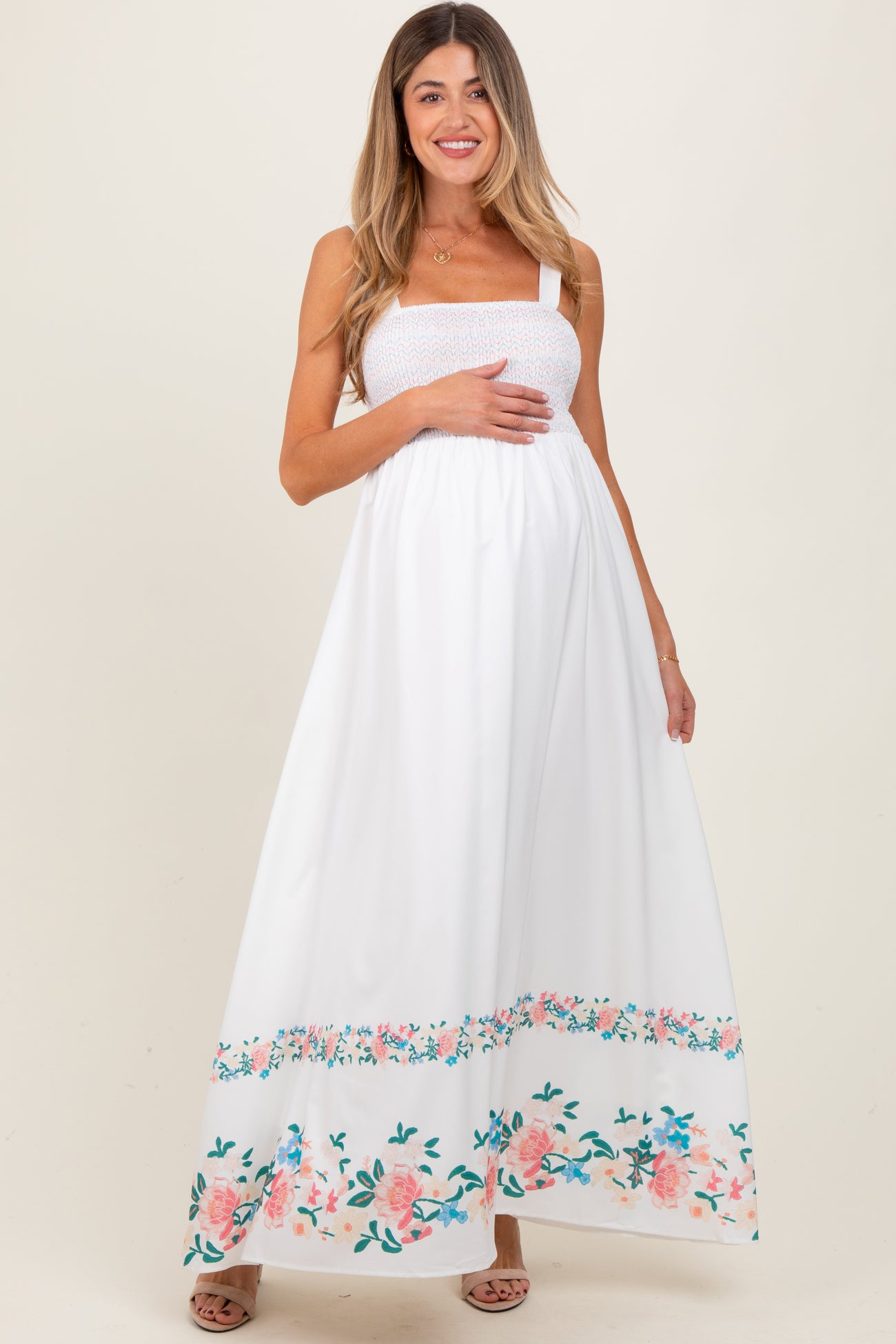 White Smocked Embroidered Floral Border Maternity Maxi Dress