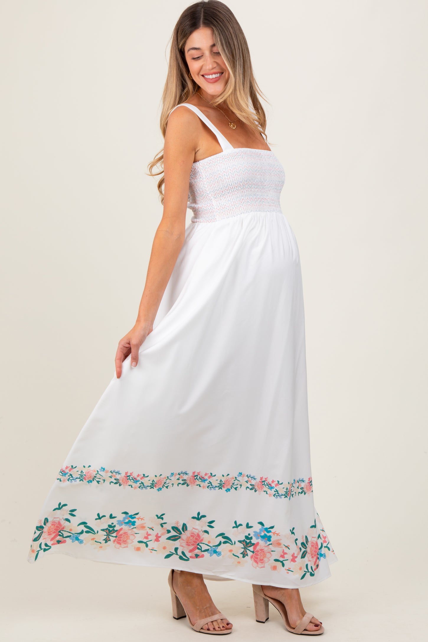 White Smocked Embroidered Floral Border Maternity Maxi Dress