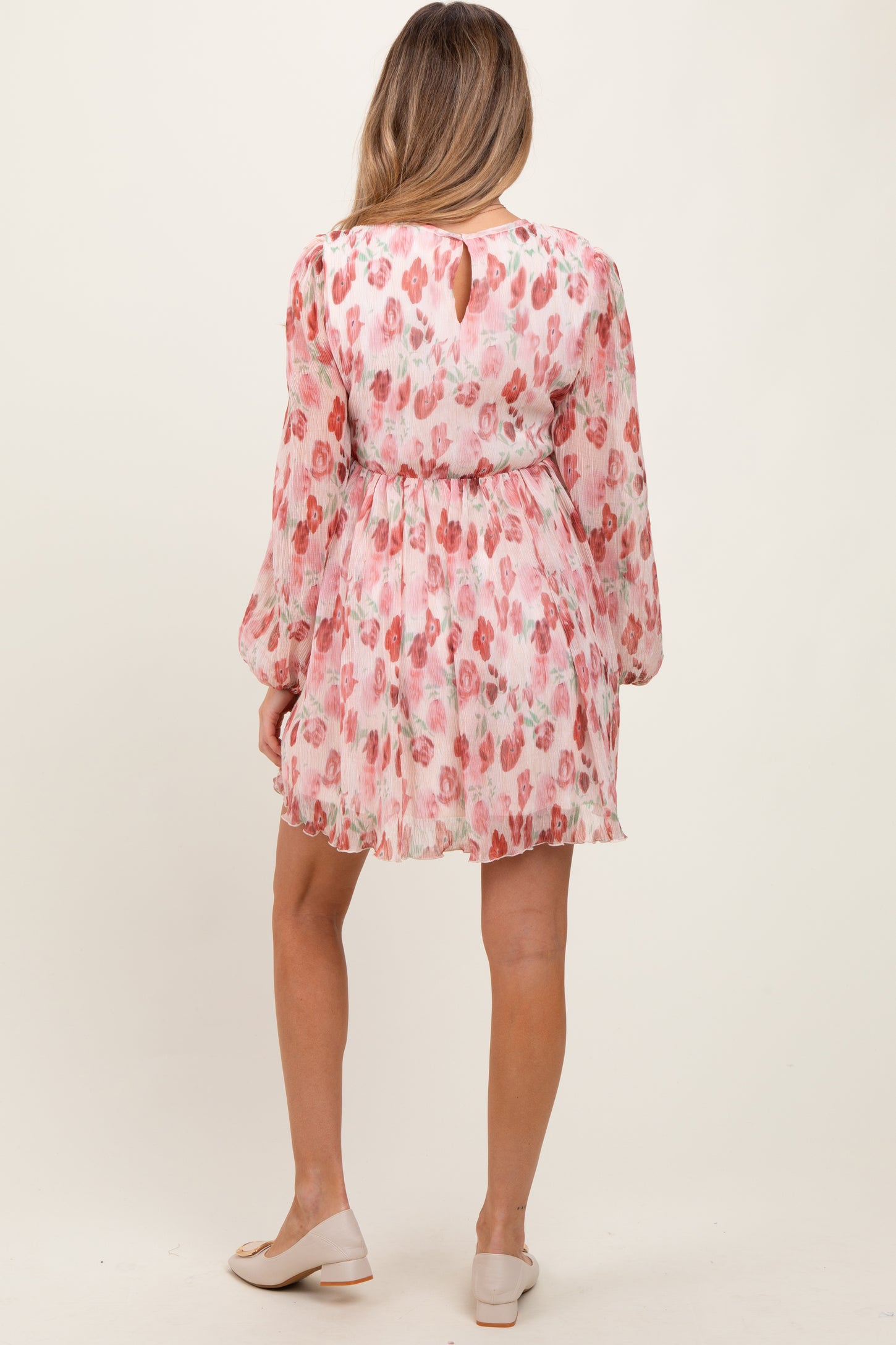 Light Pink Floral Chiffon Plisse Maternity Mini Dress