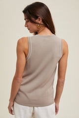 Taupe Knit Piping Detail Sleeveless Top