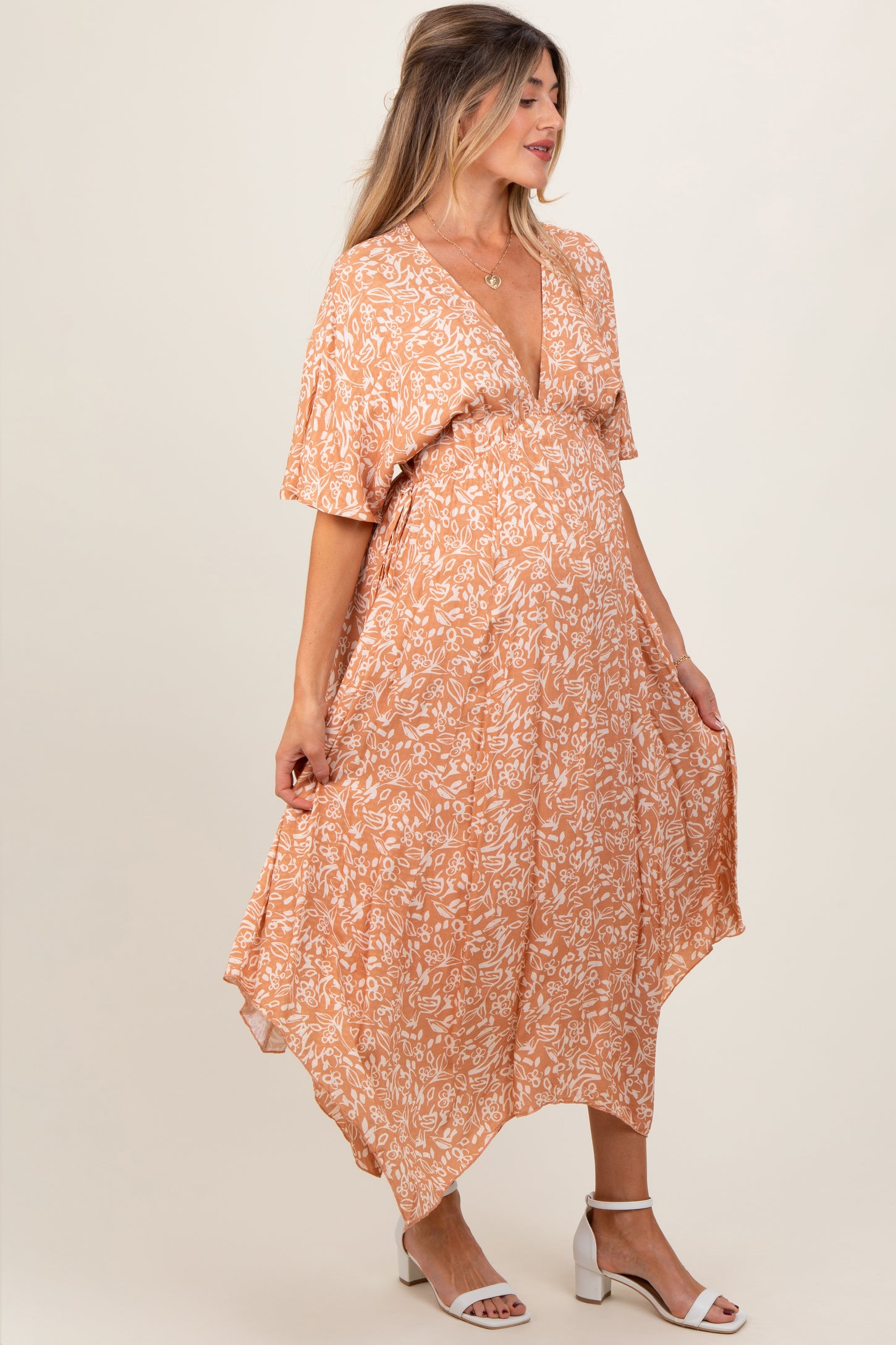 Peach Floral V-Neck Flutter Sleeve Maternity Maxi Dress