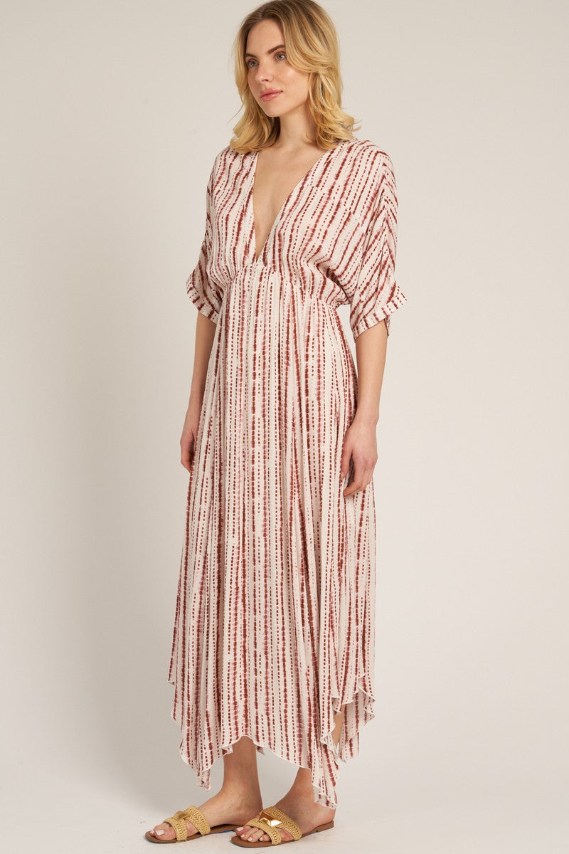 woman wearing a patterned maxi dress with a deep v-neckline and flutter sleeves, styled with tan sandals