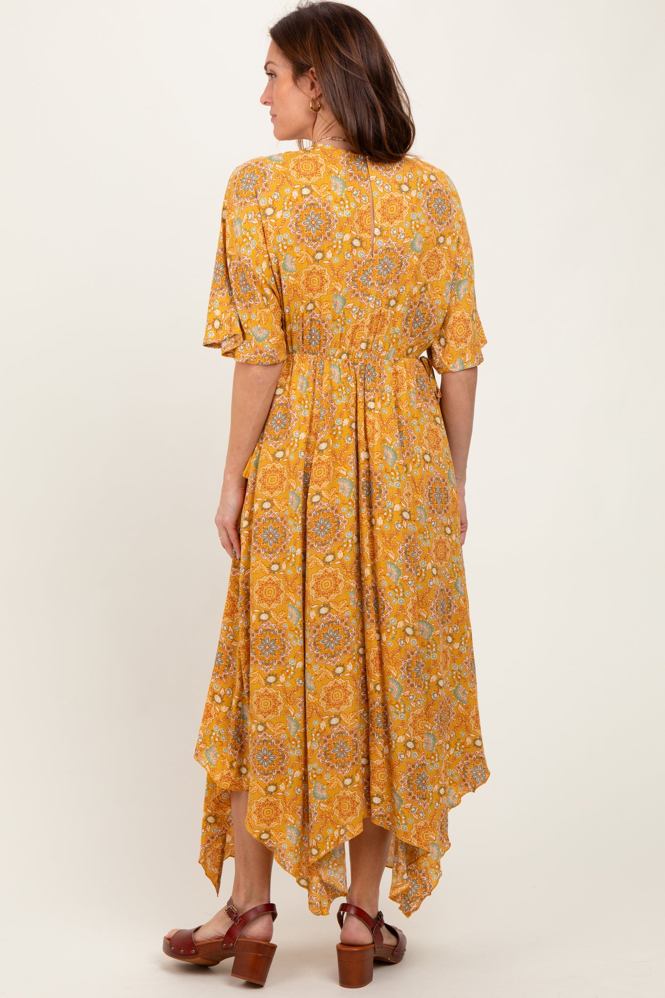 Yellow Printed Deep V-Neck Handkerchief Hem Maxi Dress