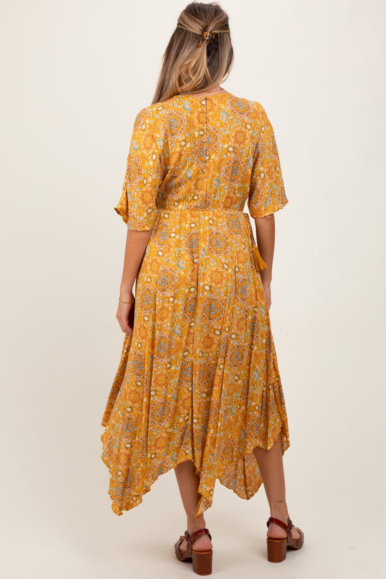 Yellow Printed Deep V-Neck Handkerchief Hem Maternity Maxi Dress