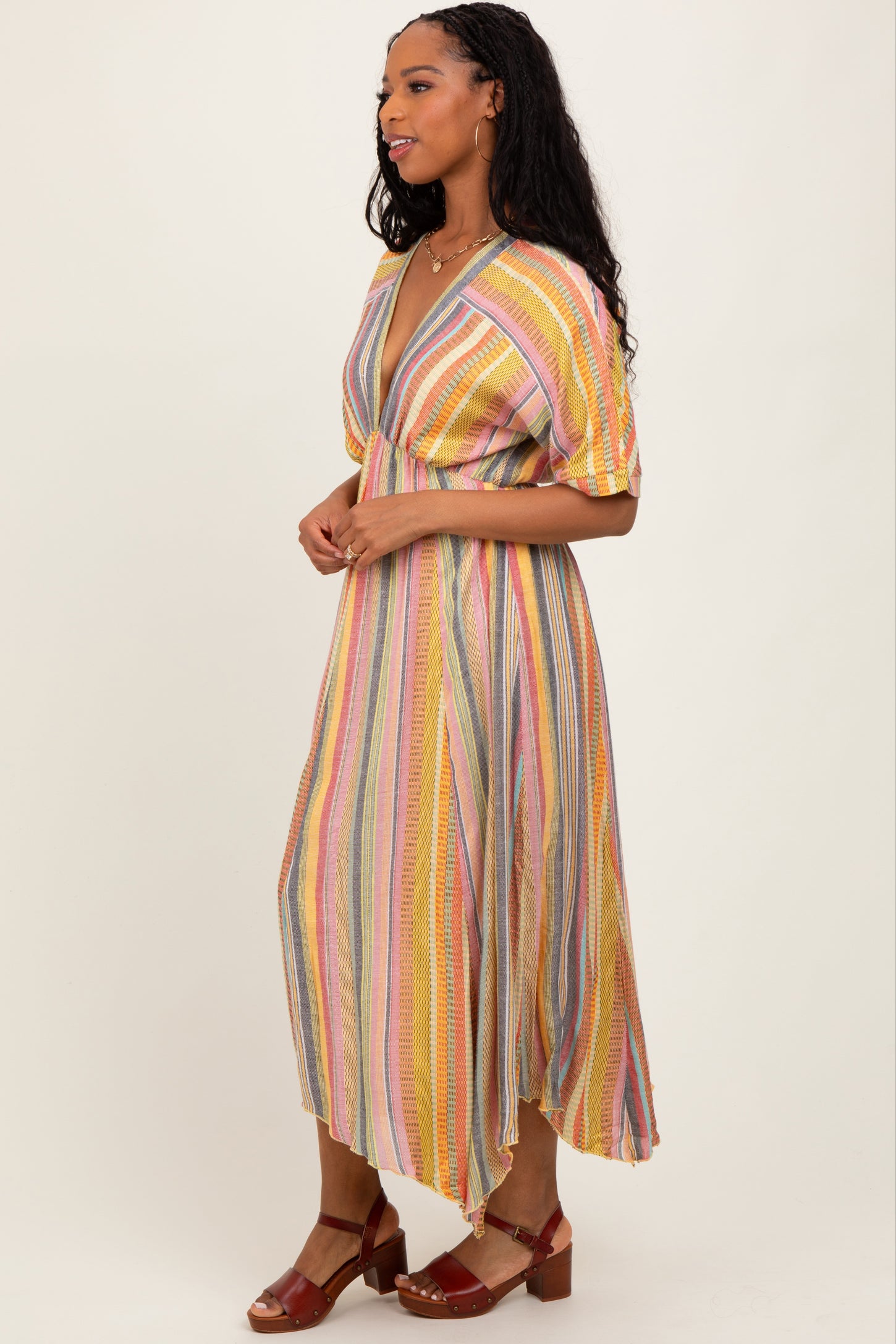 Yellow Striped Deep V-Neck Handkerchief Hem Midi Dress