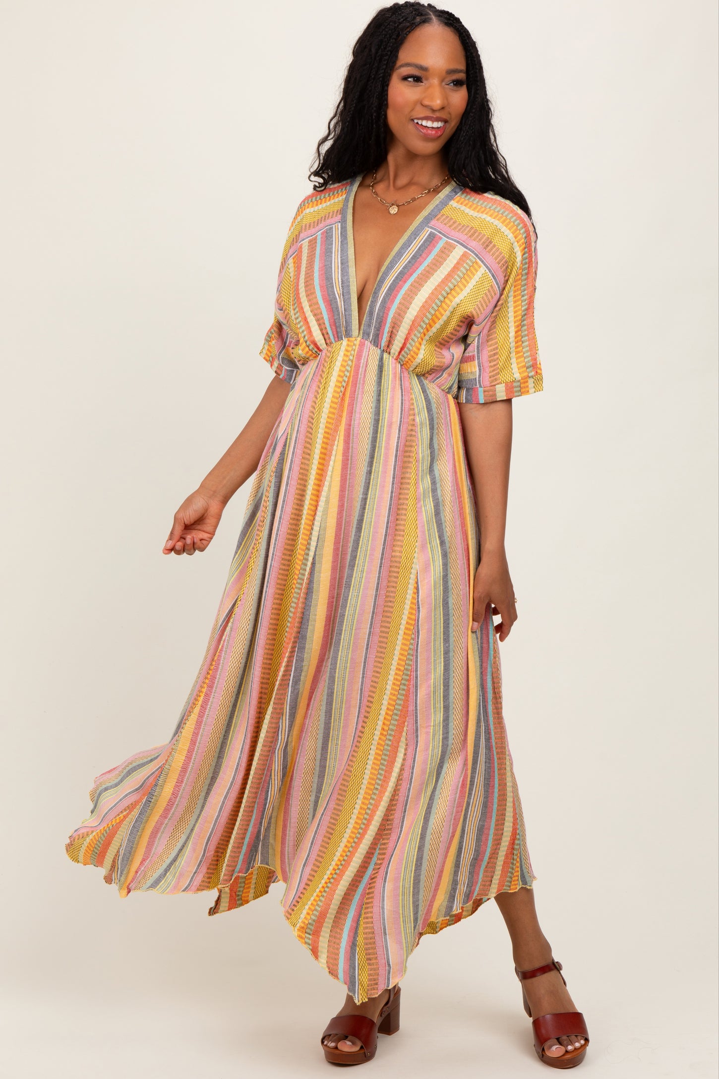 Yellow Striped Deep V-Neck Handkerchief Hem Midi Dress
