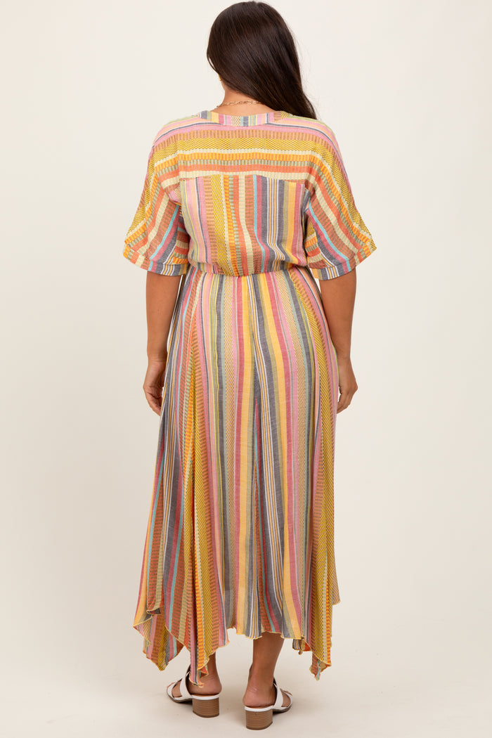 Yellow Striped Deep V-Neck Handkerchief Hem Maternity Midi Dress