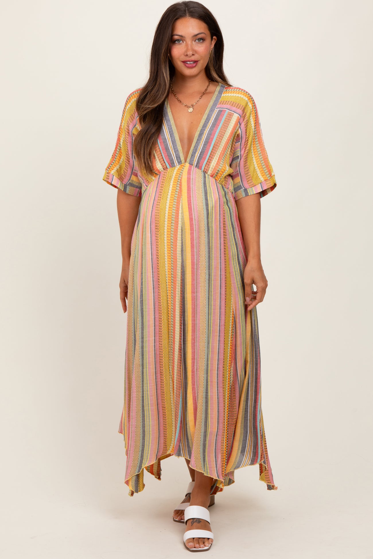 Yellow Striped Deep V-Neck Handkerchief Hem Maternity Midi Dress