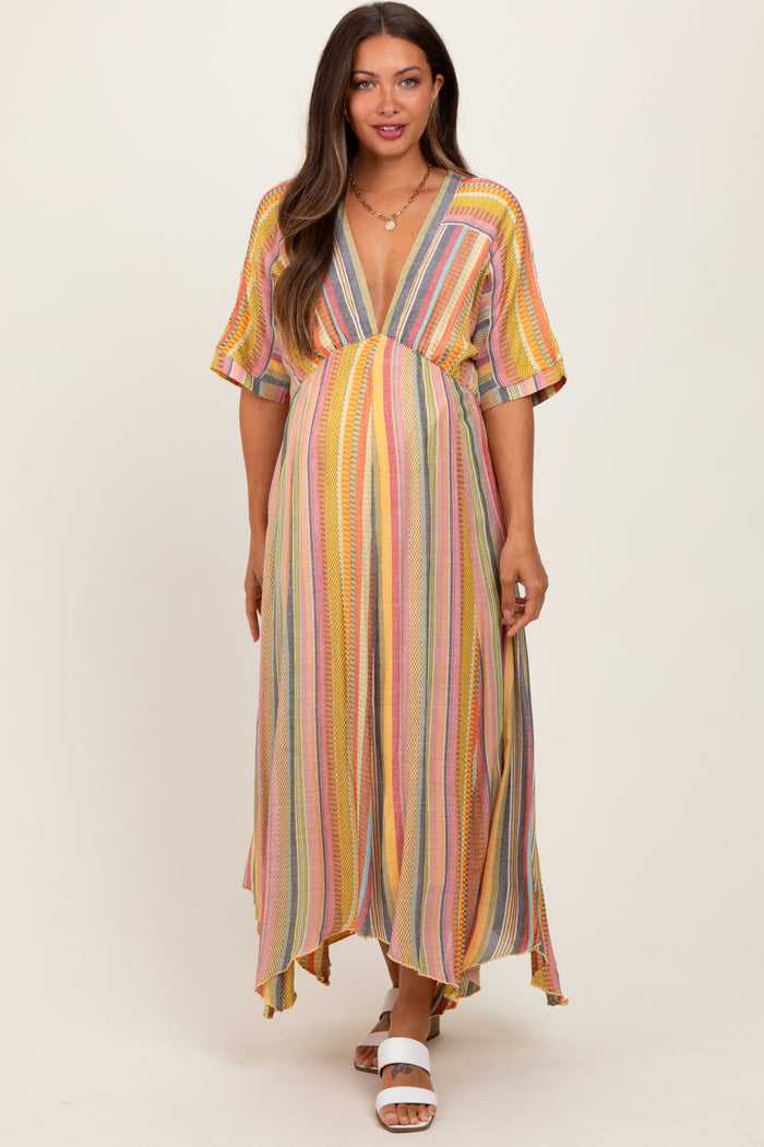 Yellow Striped Deep V-Neck Handkerchief Hem Maternity Midi Dress