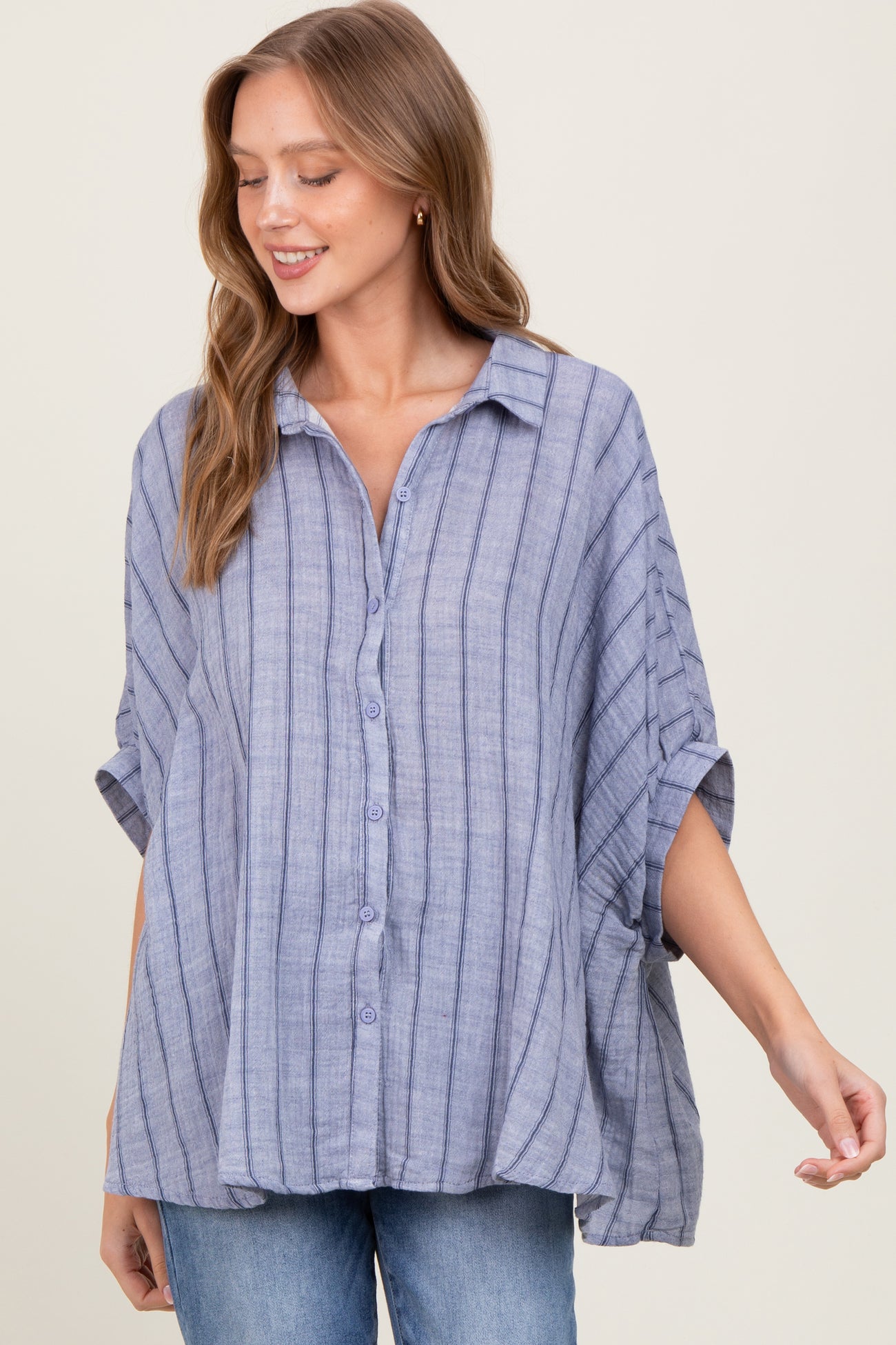 Blue Striped Collared Oversized Maternity Top