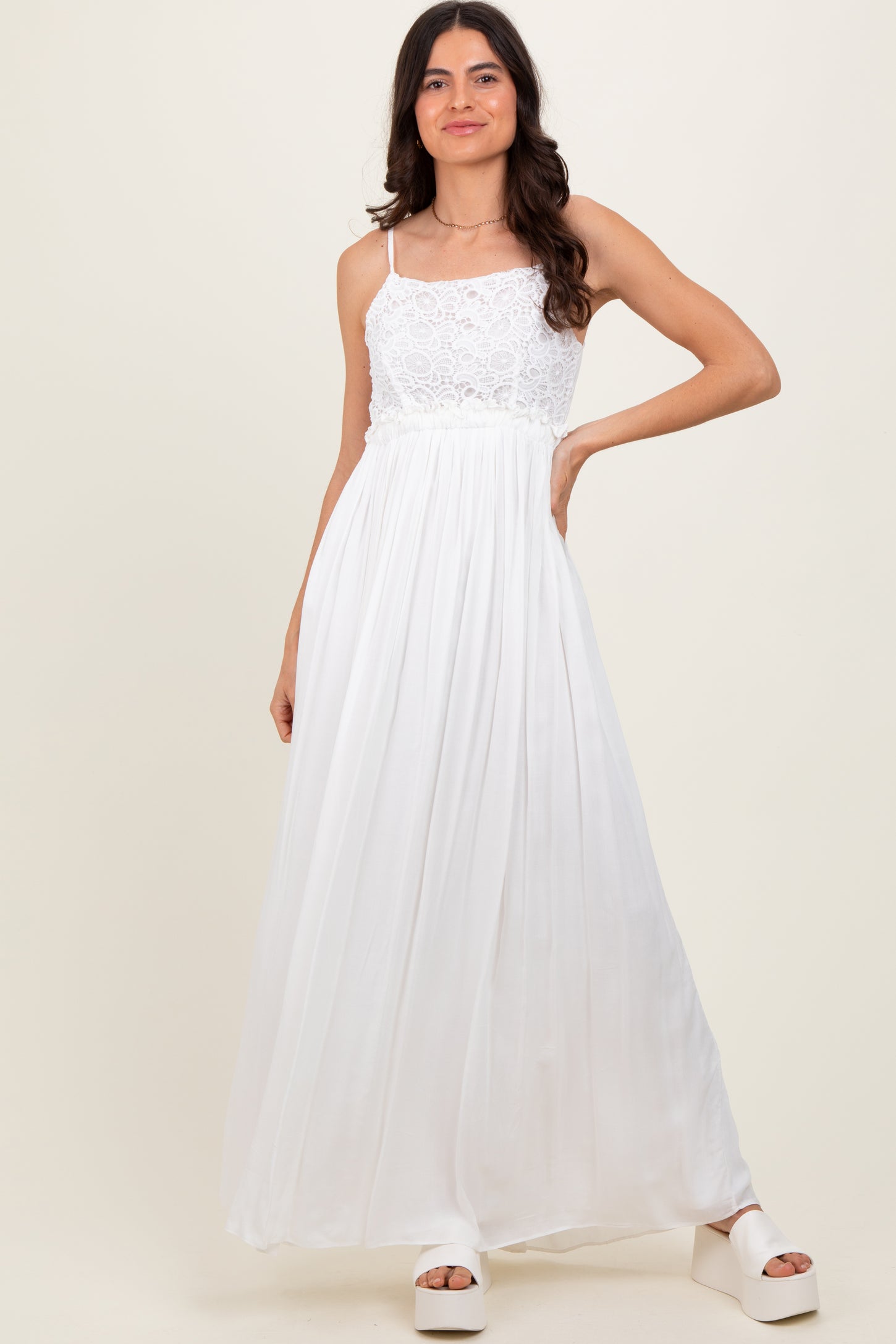 White Lace Bodice Cutout Tie Back Maxi Dress