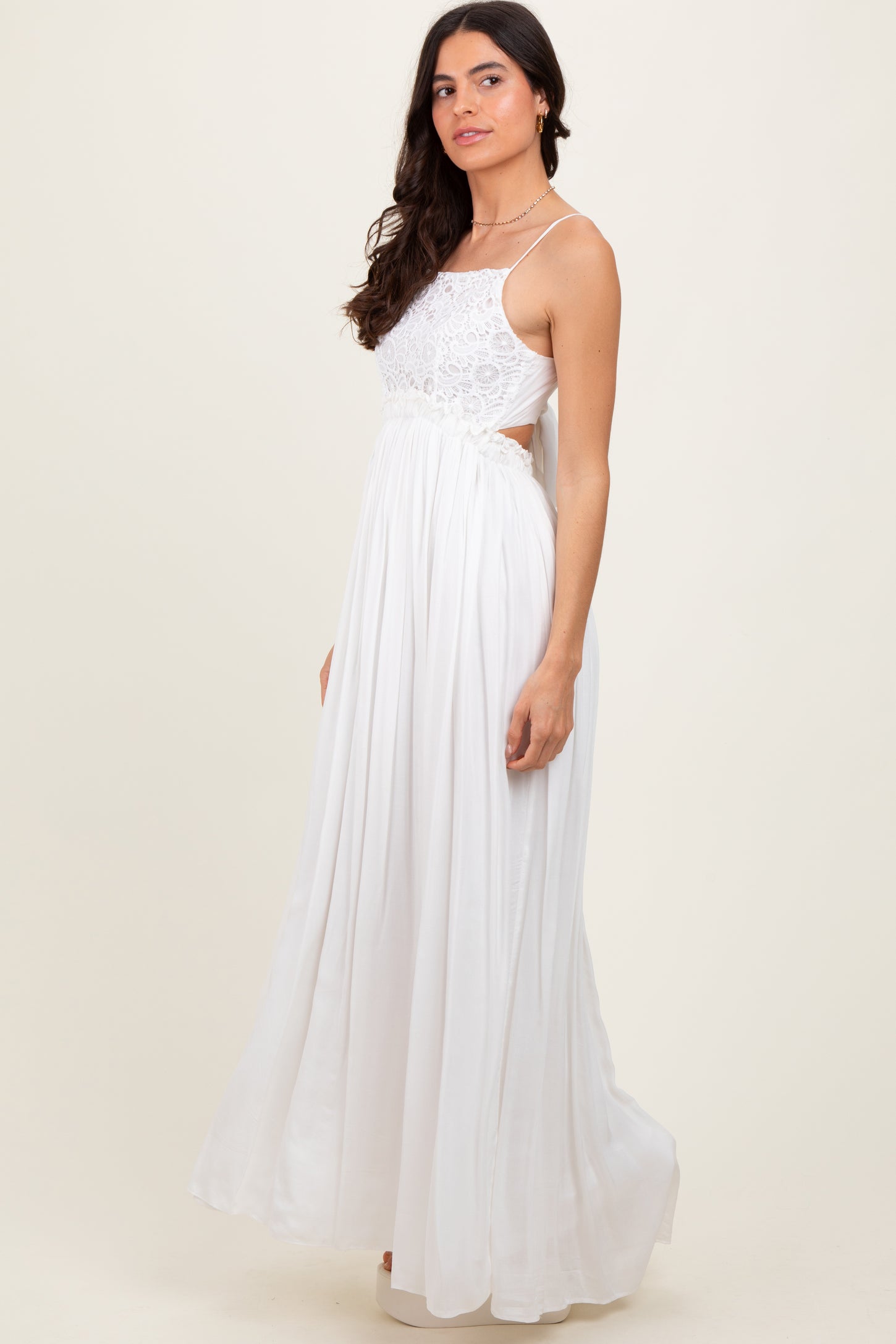 White Lace Bodice Cutout Tie Back Maxi Dress