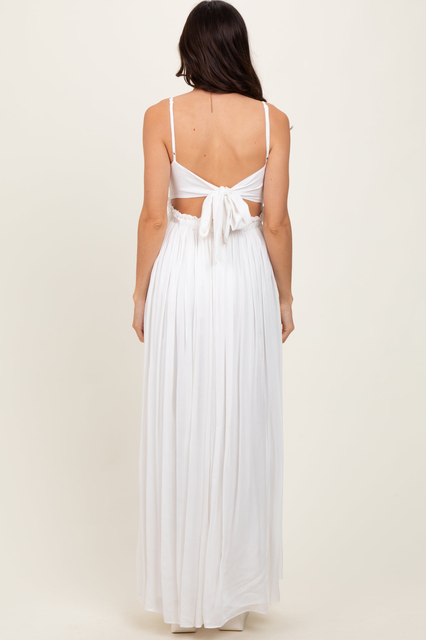White Lace Bodice Cutout Tie Back Maxi Dress