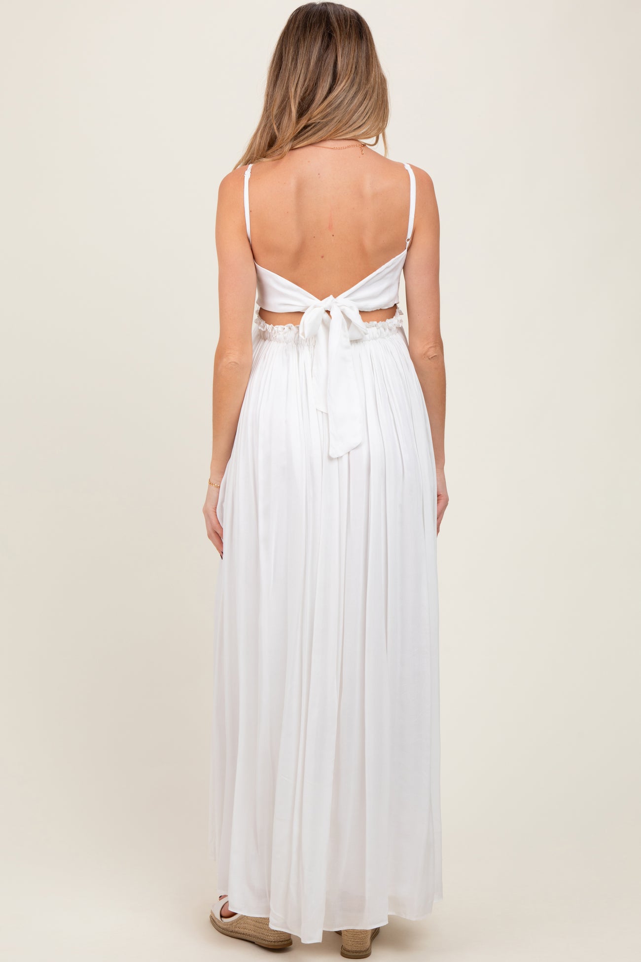 White Lace Bodice Cutout Tie Back Maternity Maxi Dress